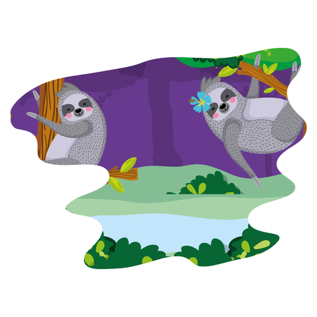 nice sloths wild animals in the jungle vector illustrationのイラスト素材