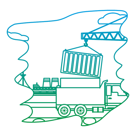 degraded line delivery service ship and truck containers with crane vector illustrationのイラスト素材