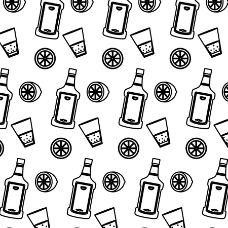 line tequila bottle and champagne glass with lemon backgroundのイラスト素材