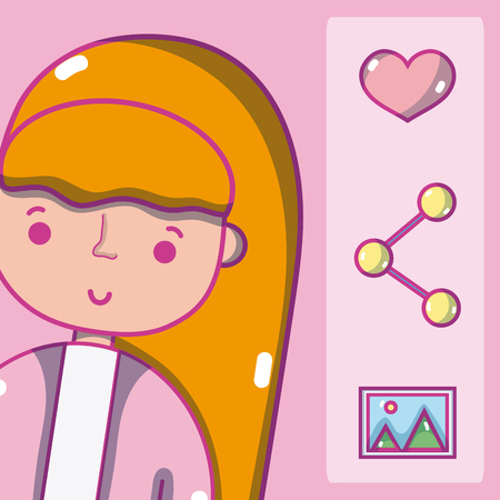 Young woman with social media symbols cartoons vector illustration graphic designのイラスト素材