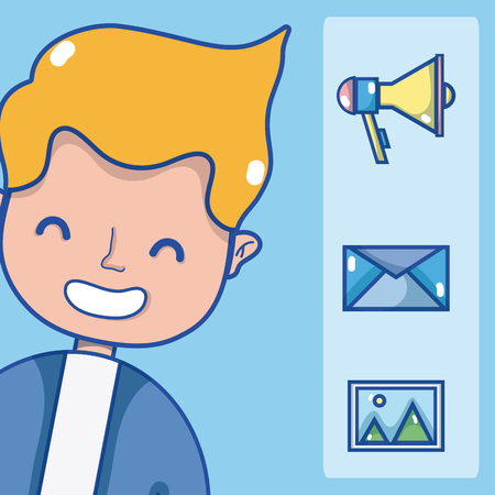 Young man with social media symbols cartoons vector illustration graphic designのイラスト素材