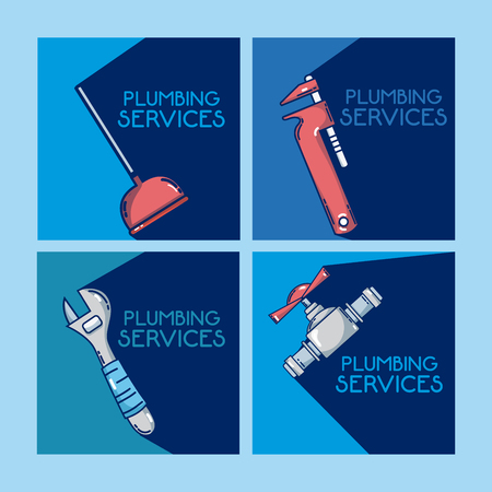 Plumbing service set of square frames vector illustration graphic designのイラスト素材