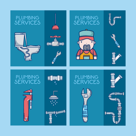 Plumbing service set of square frames vector illustration graphic designのイラスト素材