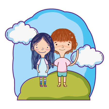 gilr and boy with hairstyle and clothes in the landscape vector illustrationのイラスト素材