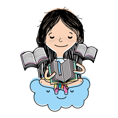 color girl sitting in the cloud and reading books vector illustrationのイラスト素材