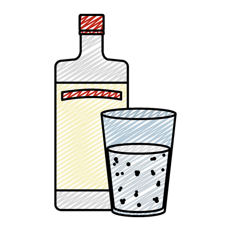 doodle vodka liquor bottle and glass beverageのイラスト素材