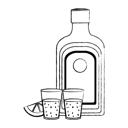 grunge hard liquor bottle and glass beverage with lemonのイラスト素材