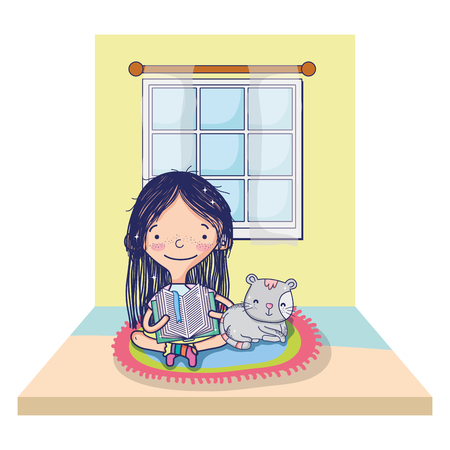 girl reading book with cat and window vector illustrationのイラスト素材