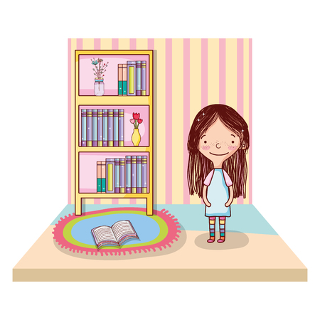 girl with books and flowers vase organized in the bookcase vector illustrationのイラスト素材