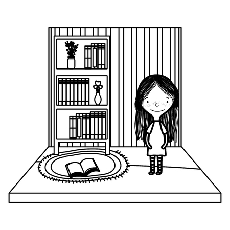 line girl with books and flowers vase organized in the bookcase vector illustrationのイラスト素材