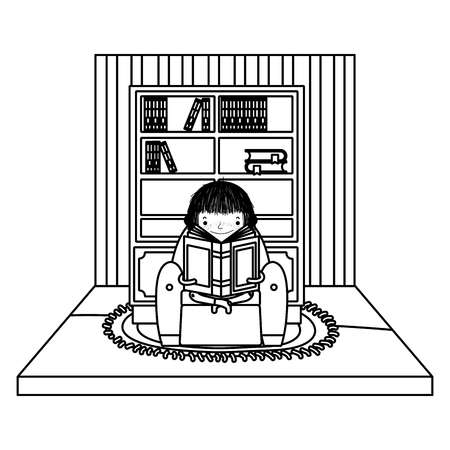 line girl sitting in the chair and reading book vector illustrationのイラスト素材