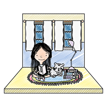 doodle girl reading books with cat and lampのイラスト素材