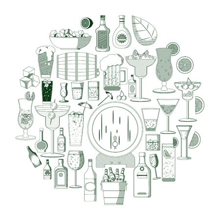circle liquor bottles and glass alcohol beverages vector illustrationのイラスト素材