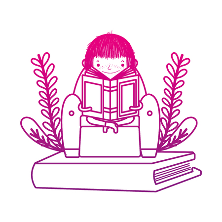 degraded line girl sitting chair and reading book vector illustrationのイラスト素材