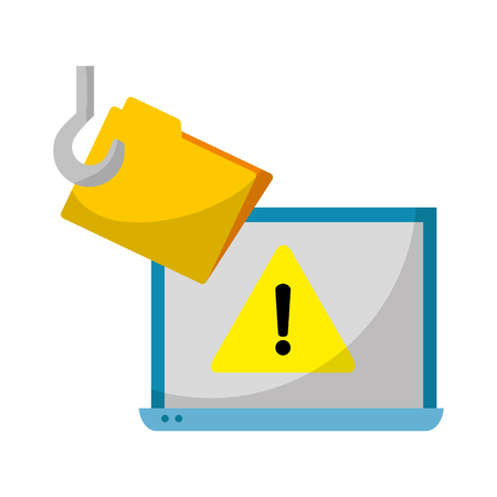 laptop technology with caution sign and folder hookのイラスト素材