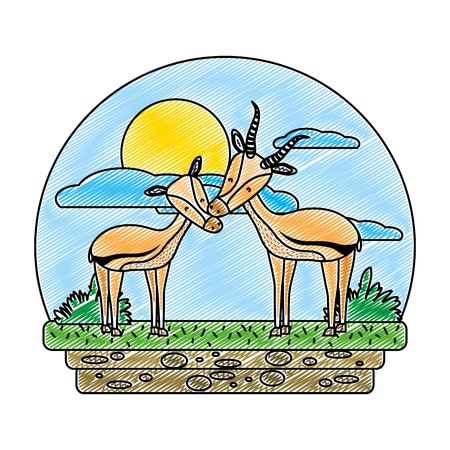doodle cute deer couple wild animal in the landscapeのイラスト素材