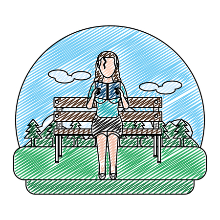 doodle woman sitting and reading book in the landscapeのイラスト素材