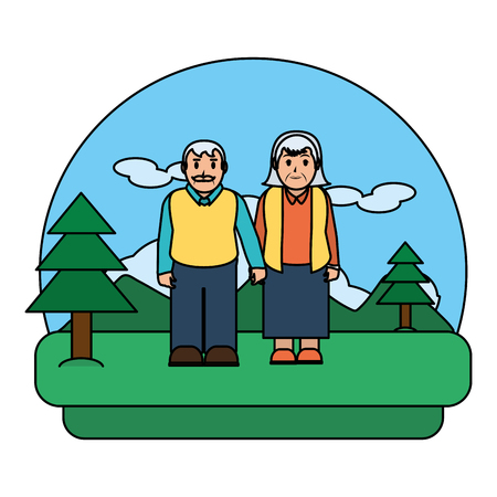 color old couple with hands together in the landscapeのイラスト素材