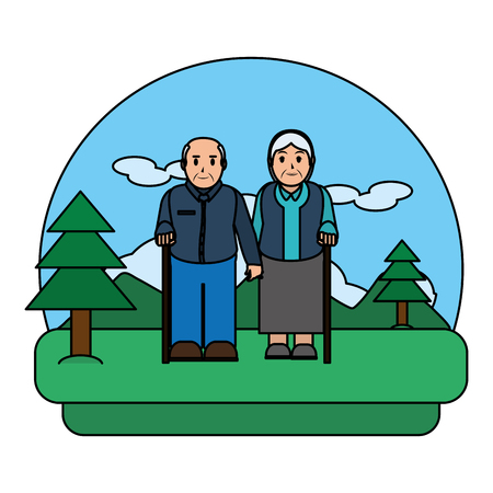 color old couple with walking stick in the landscapeのイラスト素材