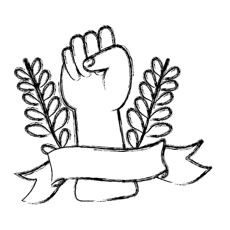 grunge opposition hand protest with branches leaves and ribbon vector illustrationのイラスト素材
