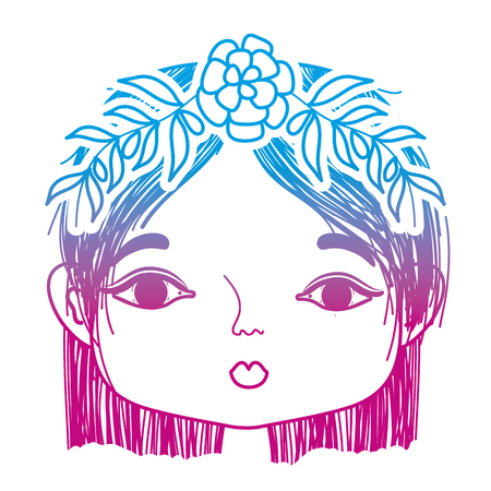degraded line woman with flower and leaves to head decoration vector illustrationのイラスト素材