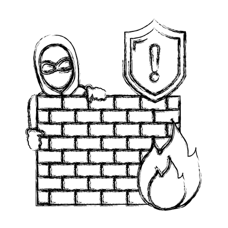 grunge thief with mask behind brick wall and fire cautionのイラスト素材