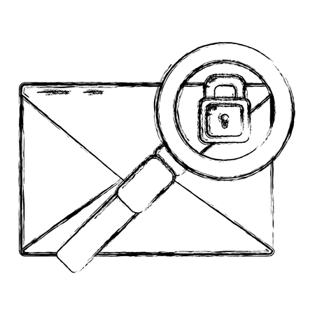 grunge e-mail message with magnifying glass and padlock vector illustrationのイラスト素材