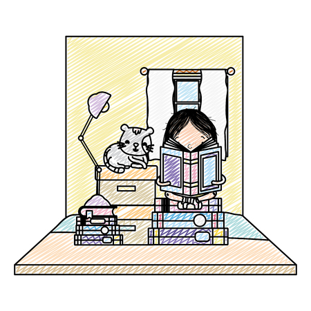 doodle girl reading books with boxes and cat vector illustrationのイラスト素材