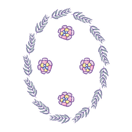 circle branches leaves plants with flowers vector illustrationのイラスト素材