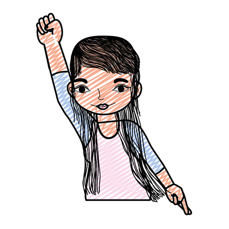 doodle happy woman hairstyle with hand protest up vector illustrationのイラスト素材