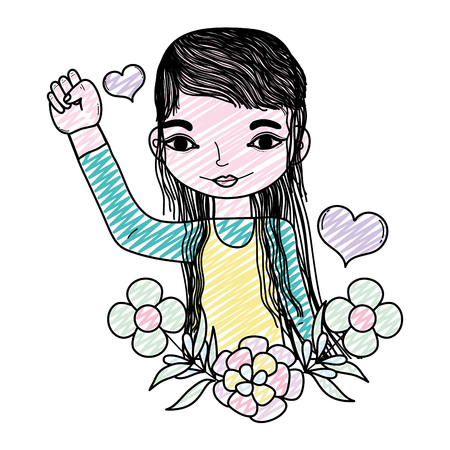doodle woman with protest hand up and flowers leaves vector illustrationのイラスト素材