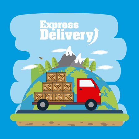 Cargo truck with boxes over world map vector illustration graphic designのイラスト素材