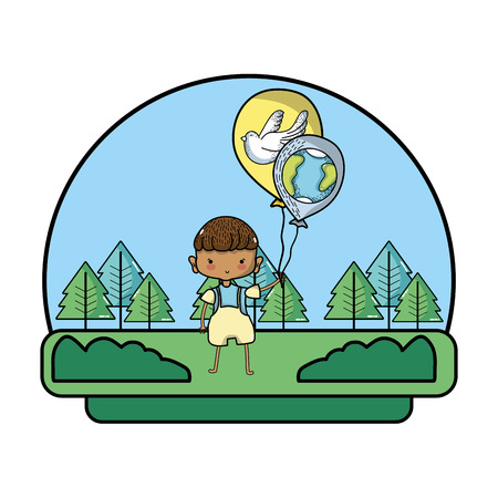 boy with dove and earth planet balloons in the landscape vector illustrationのイラスト素材