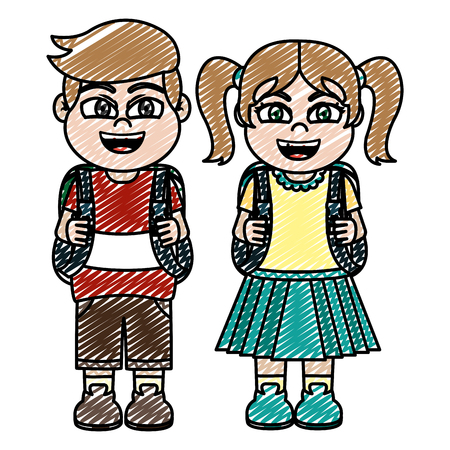 doodle happy girl and boy friends with backpack vector illustrationのイラスト素材
