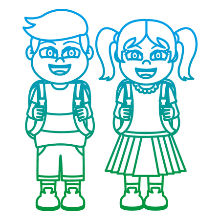 degraded line happy girl and boy friends with backpack vector illustrationのイラスト素材