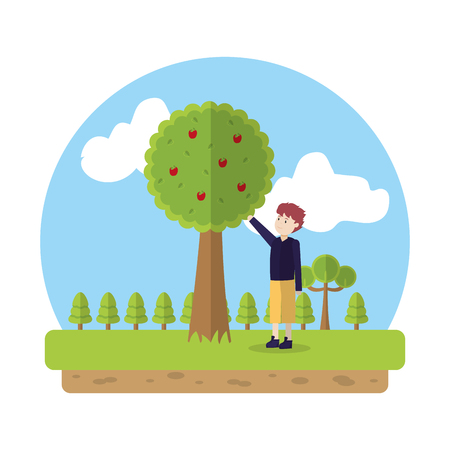 man in the ecology park with apple tree vector illustrationのイラスト素材