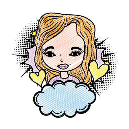 doodle woman with hearts symbol and fluffy cloud vector illustrationのイラスト素材