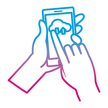 degraded line hand with smartphone technology and cloud data vector illustrationのイラスト素材