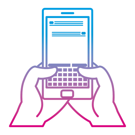 degraded line hands with smartphone technology and text message vector illustrationのイラスト素材