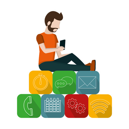 man with smartphone and sitting in the social apps vector illustrationのイラスト素材