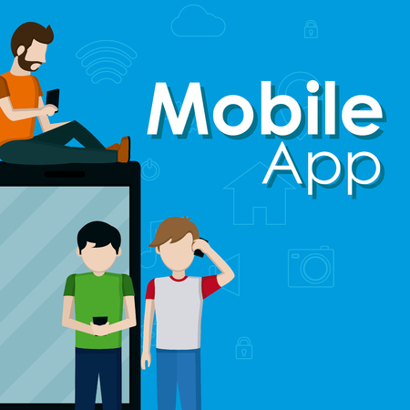 Young mens using smartphones mobile apps vector illustration graphic designのイラスト素材