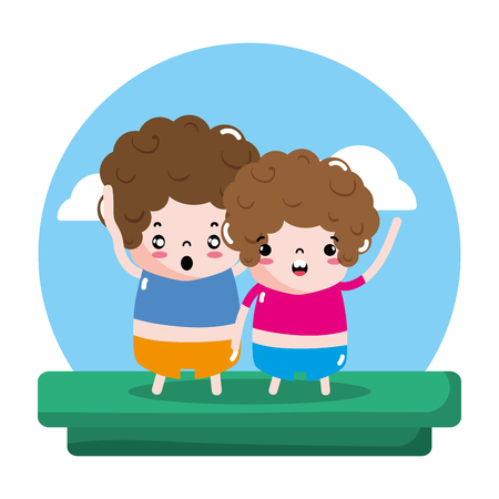 cute boys with facial expression and hairstyle in the landscape vector illustrationのイラスト素材