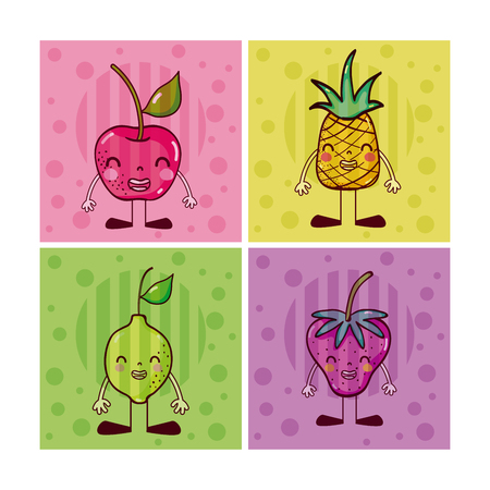 Set of cute fruits cartoons square icons vector illustration graphic designのイラスト素材