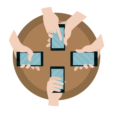 people hands with social smartphone in the table vector illustrationのイラスト素材