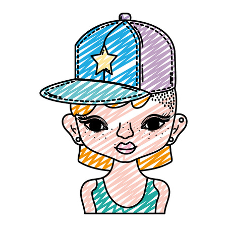 doodle crazy woman with hairstyle and cap accessory vector illustrationのイラスト素材
