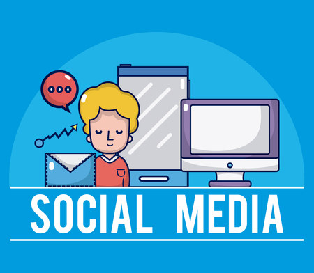 Boy on computer screen with social media symbols vector illustration graphic designのイラスト素材