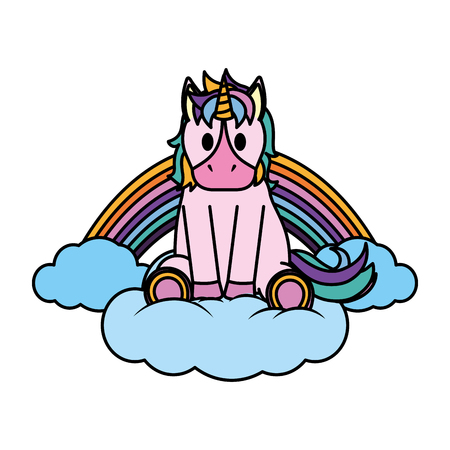 color cute unicorn seating in the clouds and rainbow vector illustrationのイラスト素材