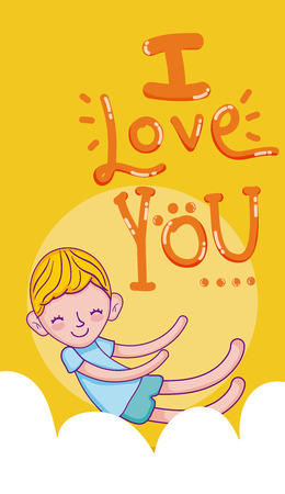 I love you card with boy kid cartoon flying on cloud vector illustration graphic designのイラスト素材