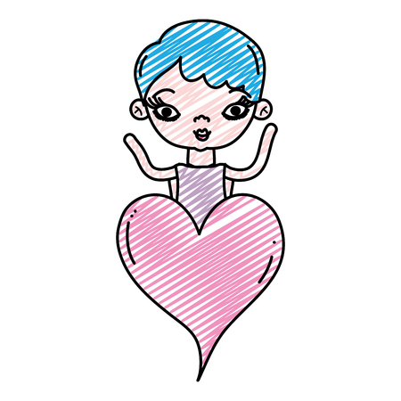 doodle cute woman with short hairstyle and heart vector illustrationのイラスト素材