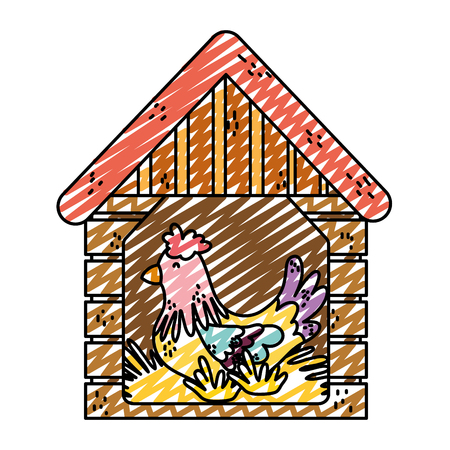 doodle hen inside house laying farm eggs vector illustrationのイラスト素材